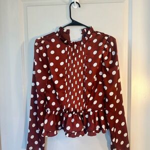 DO+BE Satin Brown & White Polka Dot High Neck Peplum Bib Front Top, Small